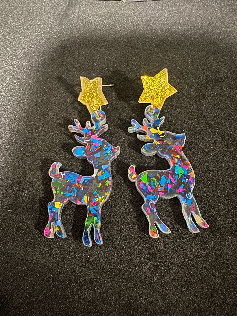 Colorful Holographic Reindeer Star Drop Earrings